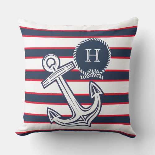 Monogram  Navy Blue Red White Nautical Stripes Outdoor Pillow