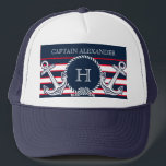 Monogram Navy Blue Red White Nautical Stripes Trucker Hat<br><div class="desc">Monogram Navy Blue Red White Nautical Stripes</div>