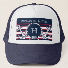 Monogram Navy Blue Red White Nautical Stripes Trucker Hat
