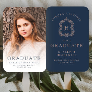 Monogram Navy Blue Rose Photo Graduation Hand Fan