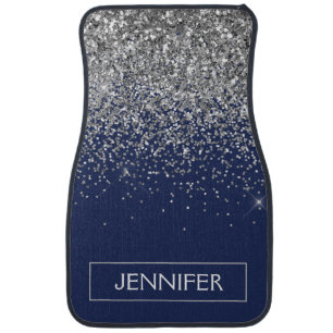 Monogram Navy Blue Silver Glam Glitter Car Floor M Car Floor Mat