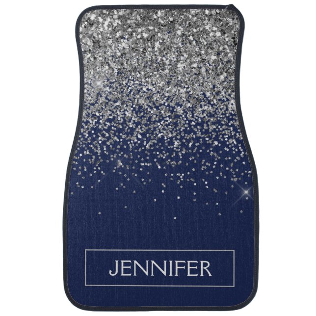 Monogram Navy Blue Silver Glam Glitter Car Floor M Mat (Front)