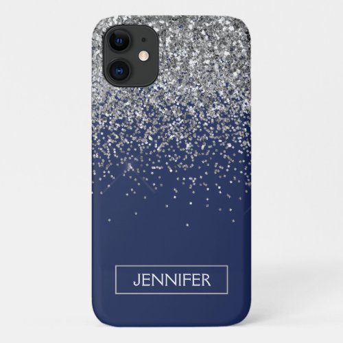 Monogram Navy Blue Silver Glam Glitter iPhone 11 Case