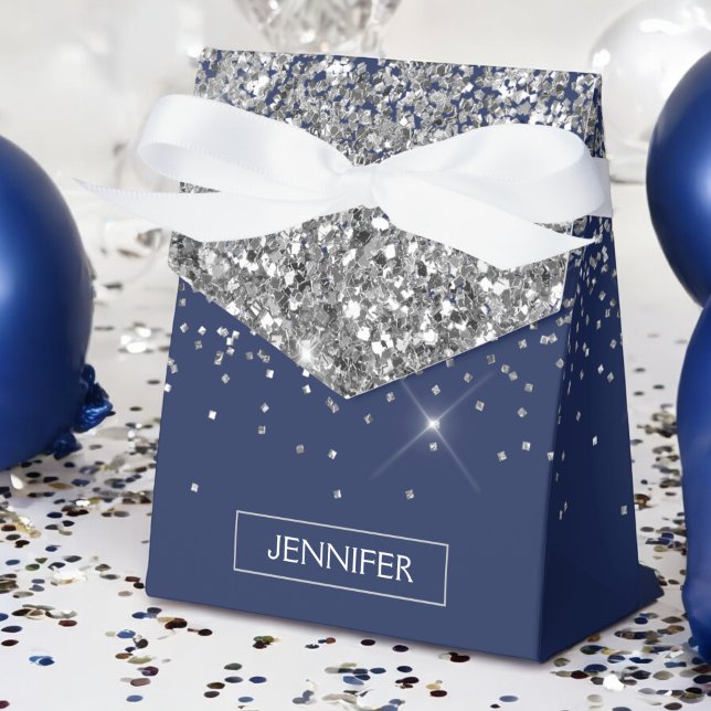 Monogram Navy Blue Silver Glam Glitter Favor Boxes (Creator Uploaded)