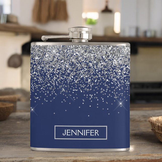 Monogram Navy Blue Silver Glam Glitter Flask (Creator Uploaded)