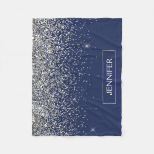 Monogram Navy Blue Silver Glam Glitter Fleece Blanket