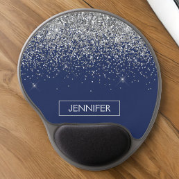 Monogram Navy Blue Silver Glam Glitter Gel Mouse Pad