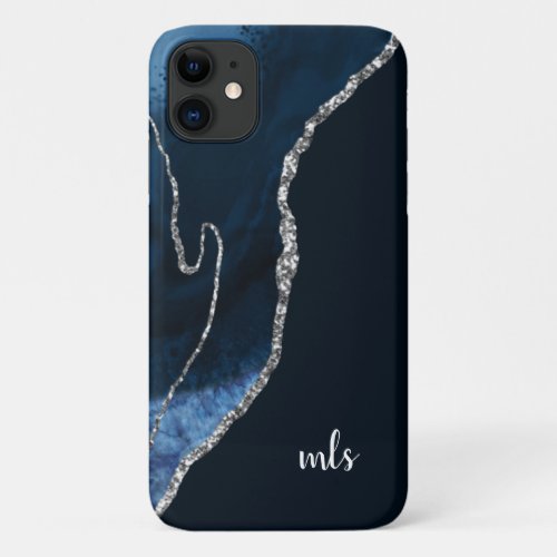 Monogram Navy Blue Silver Glitter Chic Modern iPhone 11 Case