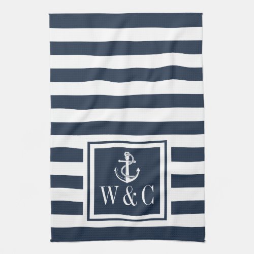 Monogram Navy Blue Stripe Nautical Anchor Kitchen Towel