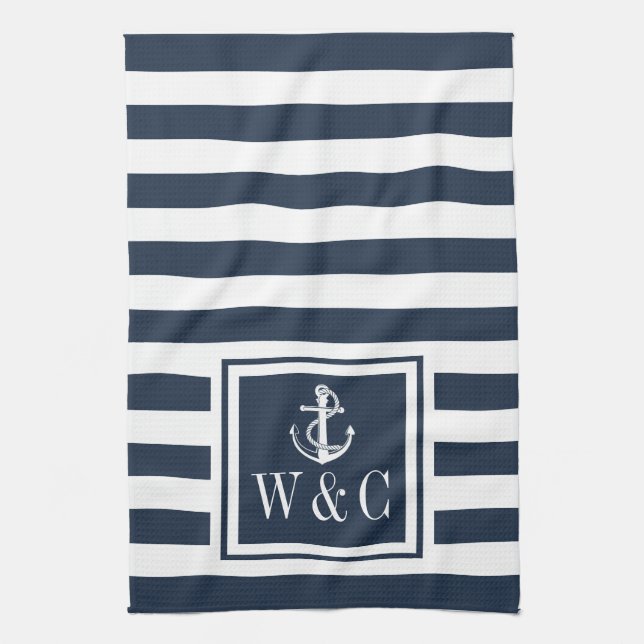 Monogram Navy Blue Stripe Nautical Anchor Kitchen Towel (Vertical)