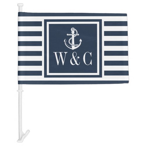 Monogram Navy Blue Stripe Nautical Boat Anchor Car Flag