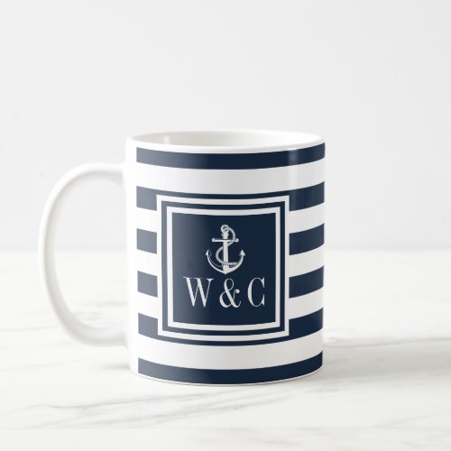 Monogram Navy Blue Stripe Nautical Boat Anchor Coffee Mug