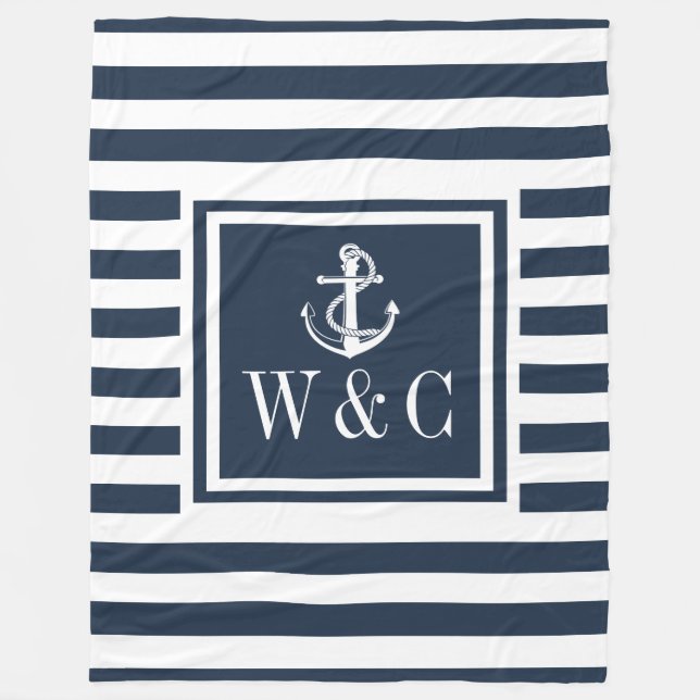 Monogram Navy Blue Stripe Nautical Boat Anchor Fleece Blanket (Front)