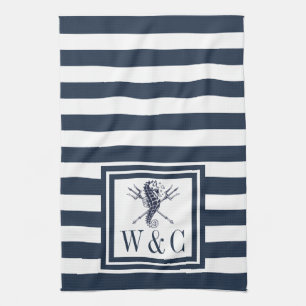Monogram Navy Blue Stripe Seahorse Nautical Kitchen Towel