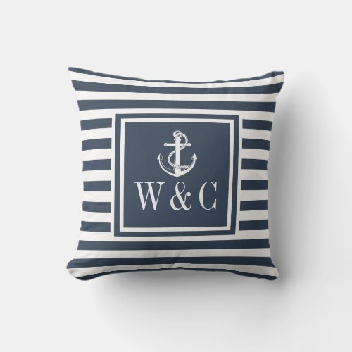 Monogram Navy Blue Striped Nautical Anchor Outdoor Pillow