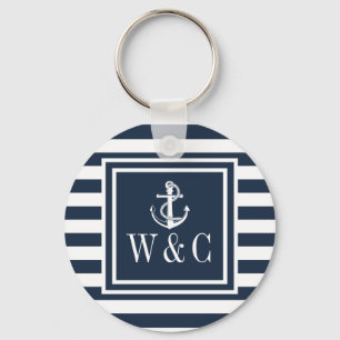 Monogram Navy Blue Striped Nautical Boat Anchor Keychain
