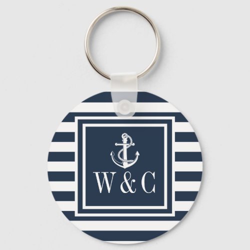 Monogram Navy Blue Striped Nautical Boat Anchor Keychain