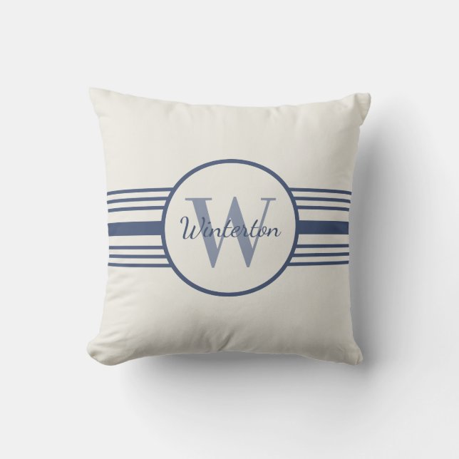 Monogram Navy Blue Striped Throw Pillow (Front)