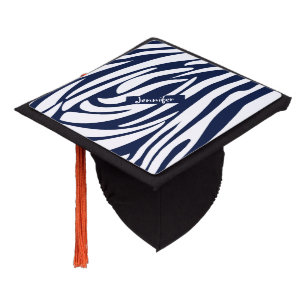 Monogram Navy Blue Striped Zebra Pattern Graduation Cap Topper