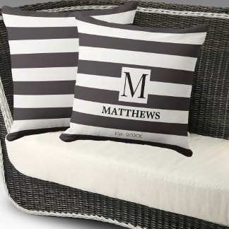 Monogram Navy Blue Stripes Family Name Beach House Throw Pillow