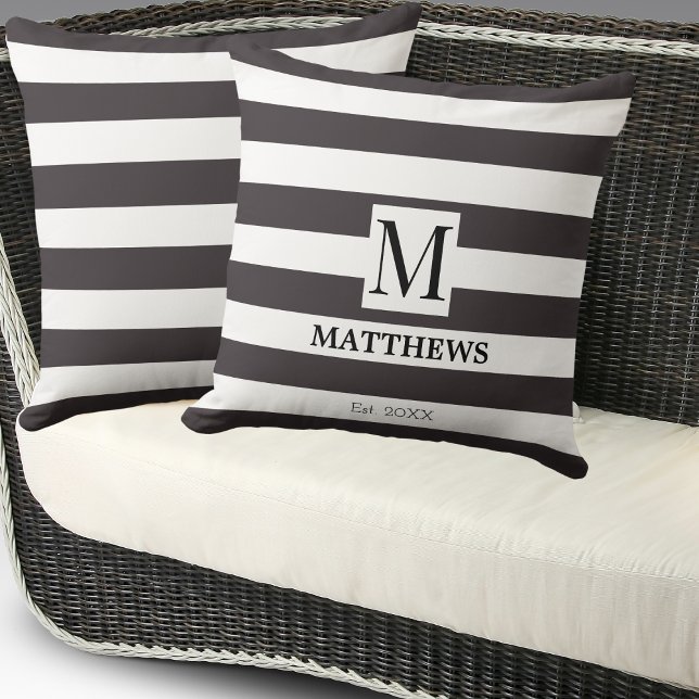 Monogram Navy Blue Stripes Family Name Beach House Throw Pillow (Creator Uploaded)