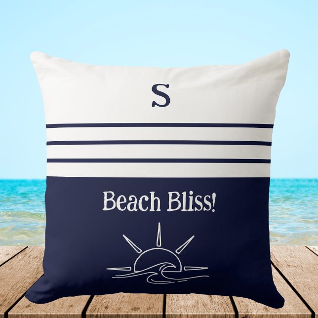 Monogram Navy Blue Stripes Nautical Beach House Throw Pillow (Creator Uploaded)