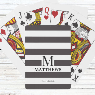 Monogram Navy Blue Stripes Nautical Family Name Poker Cards