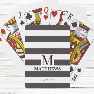 Monogram Navy Blue Stripes Nautical Family Name Poker Cards