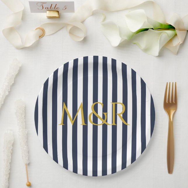 Monogram Navy Blue Stripes Striped Anniversary Paper Plates (Wedding)