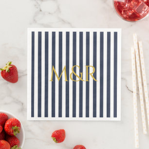 Monogram Navy Blue Stripes Striped Wedding Paper Dinner Napkins