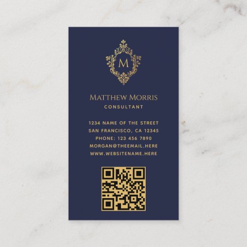 Monogram Navy Blue Vintage Faux Gold Crest QR Code Business Card