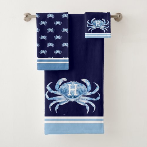 Monogram Navy Blue Watercolor Crab Nautical Bath Towel Set