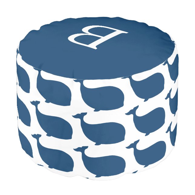 Monogram Navy Blue Whale Pattern Pouf (Angled Front)