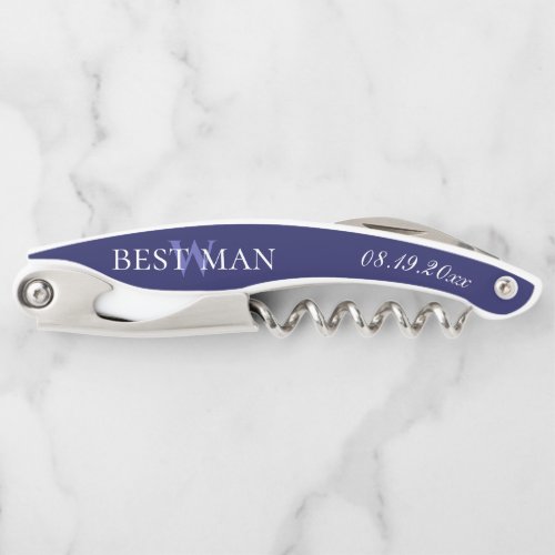 Monogram Navy Blue White Best Man Wedding Waiters Corkscrew