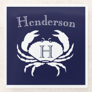 Monogram Navy Blue White Crab Nautical   Glass Coa Coaster