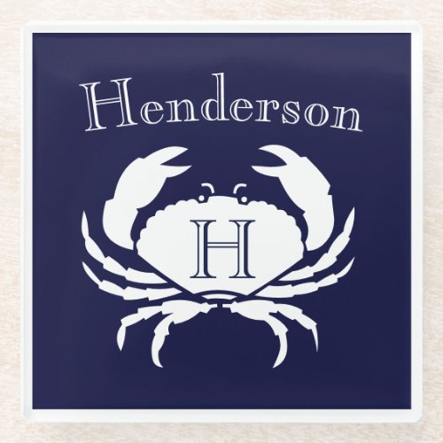 Monogram Navy Blue White Crab Nautical   Glass Coa Glass Coaster