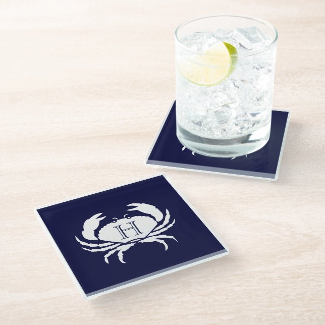 Monogram Navy Blue White Crab Nautical   Glass Coaster (Angled)