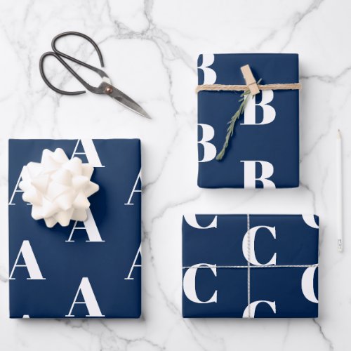 Monogram navy blue white custom initial pattern wrapping paper sheets