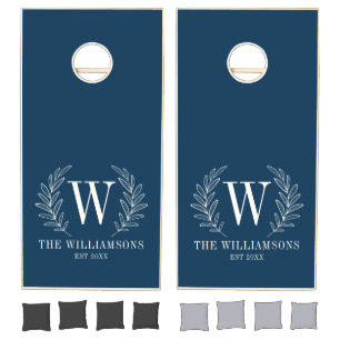 Monogram Navy Blue White Family Name Cornhole Set