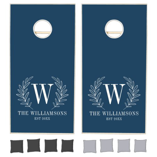 Monogram Navy Blue White Family Name Cornhole Set