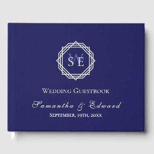 Monogram Navy Blue White Geometric Wedding Guest Book