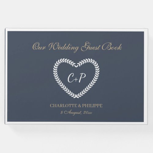 Monogram Navy Blue White Gold Heart Shaped Wedding Guest Book