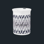 Monogram Navy Blue White Ikat Chevron Geo Pattern Pitcher<br><div class="desc">Personalized,  pretty,  girly,  trendy,  chic,  modern abstract tribal ikat chevron zigzag pattern in navy blue and white. This is an abstract tribal aztec pattern with chevron zigzag stripes and geometric pattern design. Easily customize it with your name,  pictures and/or text!</div>