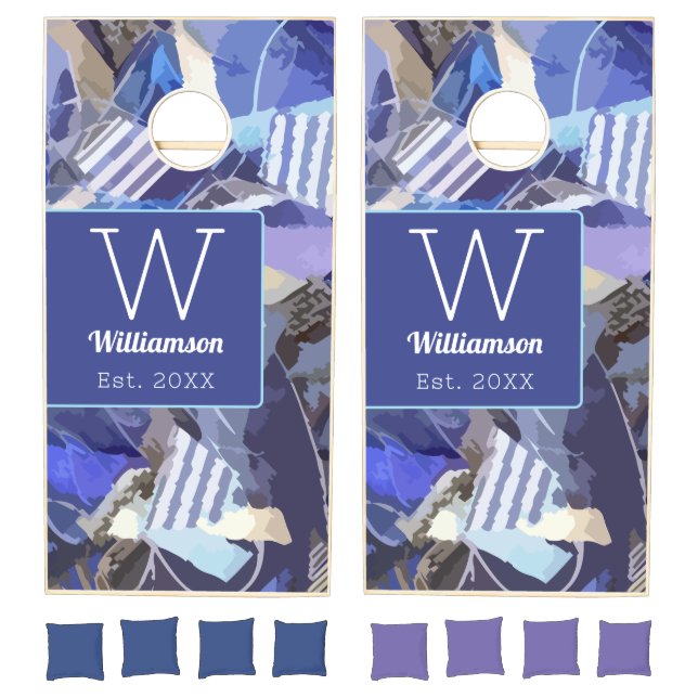 Monogram navy blue white nautical abstract stripes cornhole set (Set)