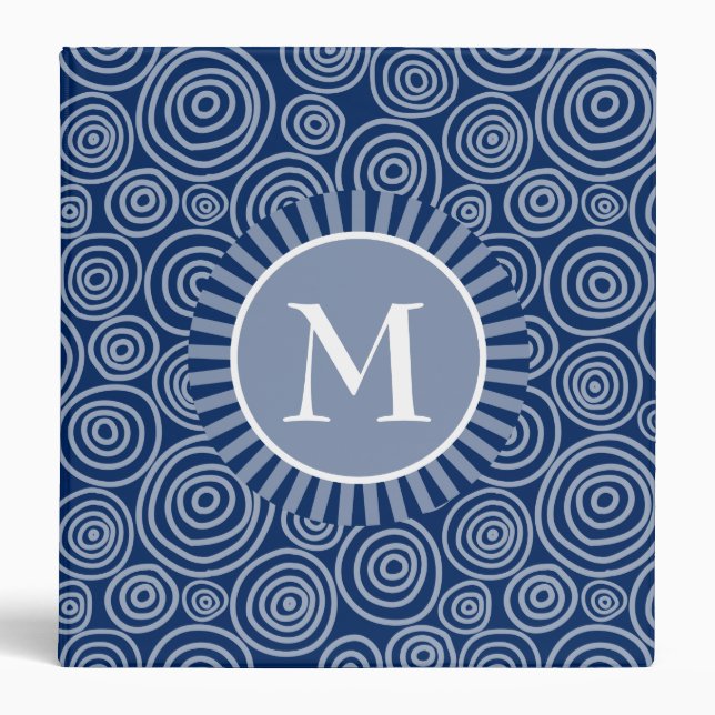 Monogram Navy Blue White Spirals - Personalized 3 Ring Binder (Front)