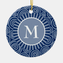 Monogram Navy Blue White Spirals - Personalized Ceramic Ornament