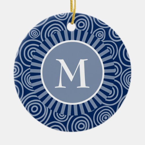 Monogram Navy Blue White Spirals _ Personalized Ceramic Ornament