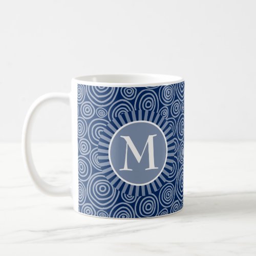 Monogram Navy Blue White Spirals _ Personalized Coffee Mug