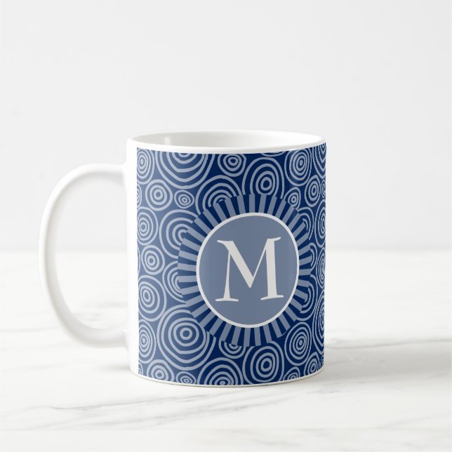 Monogram Navy Blue White Spirals - Personalized Coffee Mug (Left)