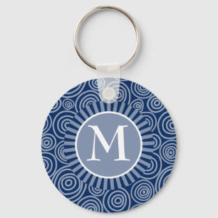 Monogram Navy Blue White Spirals - Personalized Keychain